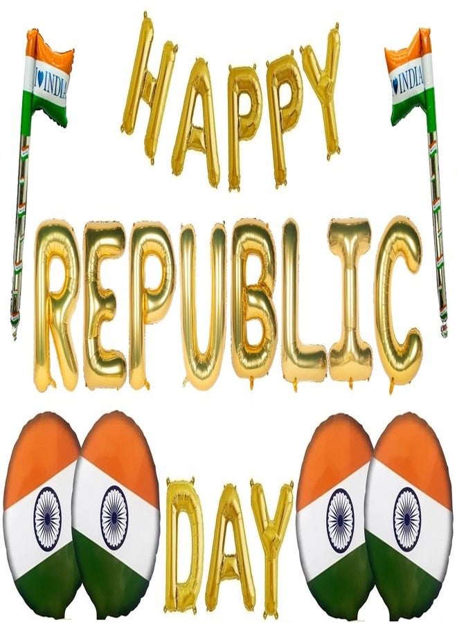 Atpata Funky Happy Republic Day Text Foil Balloons Set - 4pcs Tiranga Round Foil and 2pcs Indian Flag Shape Balloons for 26th January Celebrations, Perfect Decor for Republic Day Indian Theme Parties! - Image 1